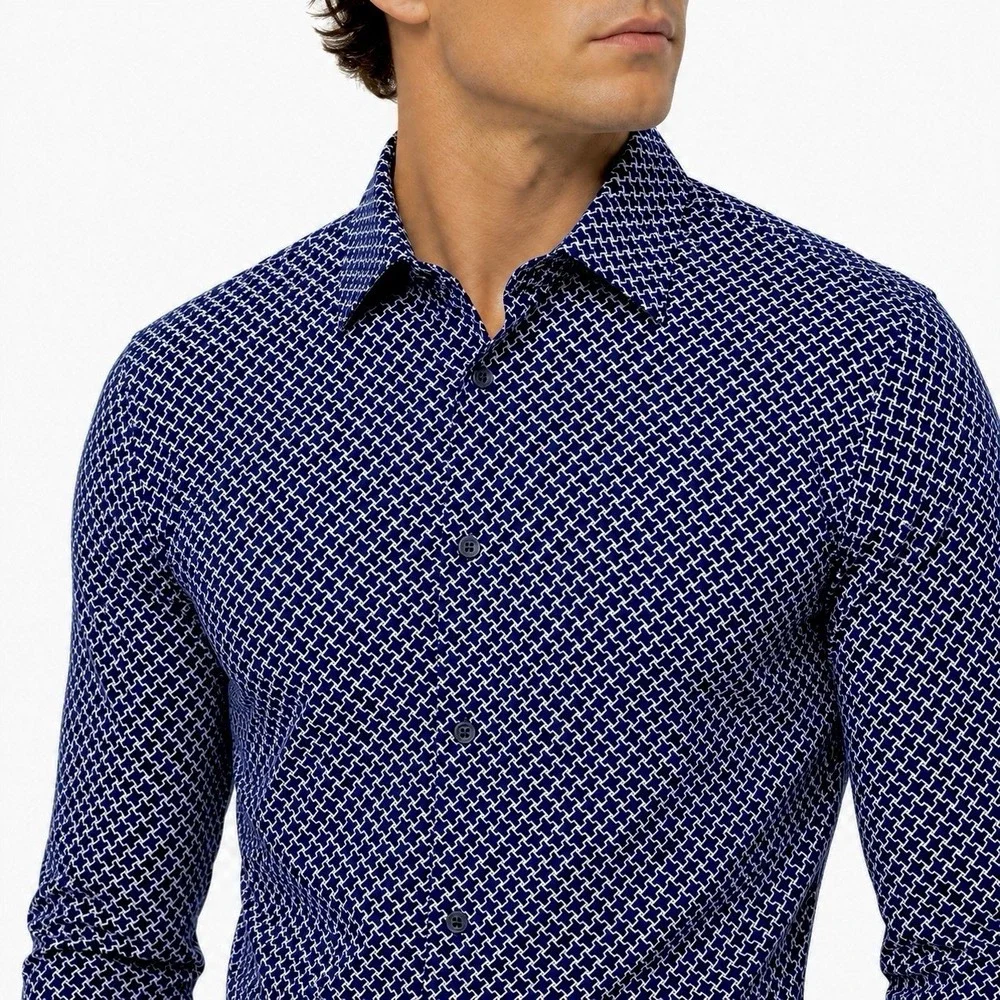 Alfani Slim Fit Men's Medium 15-15.5 32/33 Navy White Geometric Dress Shirt